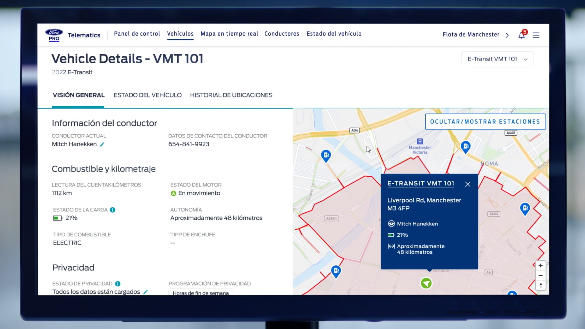 Ford Pro™ Telematics displaying Ford E-Transit vehicle details on monitor screen