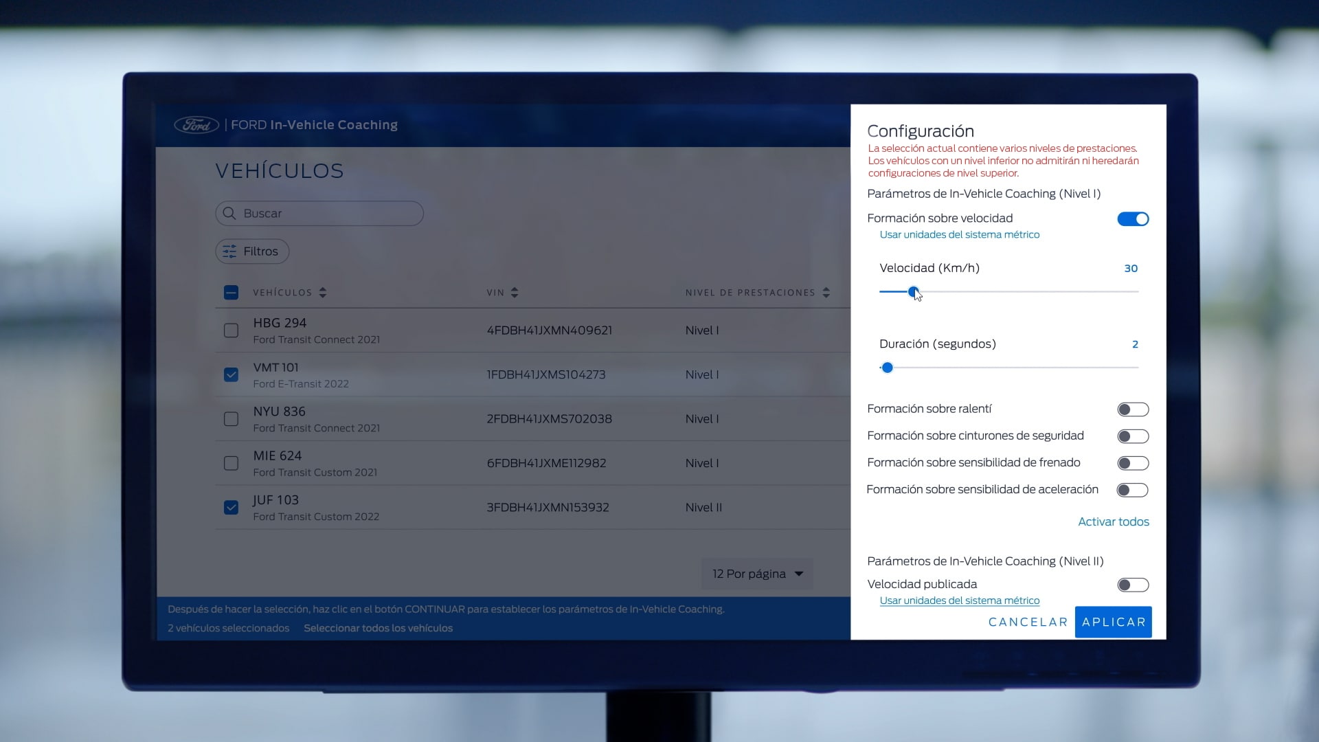 Ford Pro™ Telematics Coaching Dashboard displayed on monitor screen