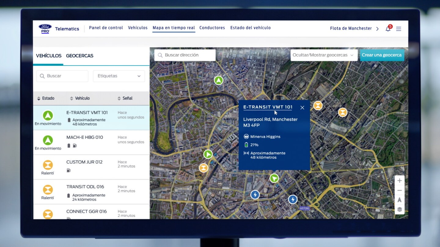 Ford Pro™ E-Telematics software displayed on monitor screen