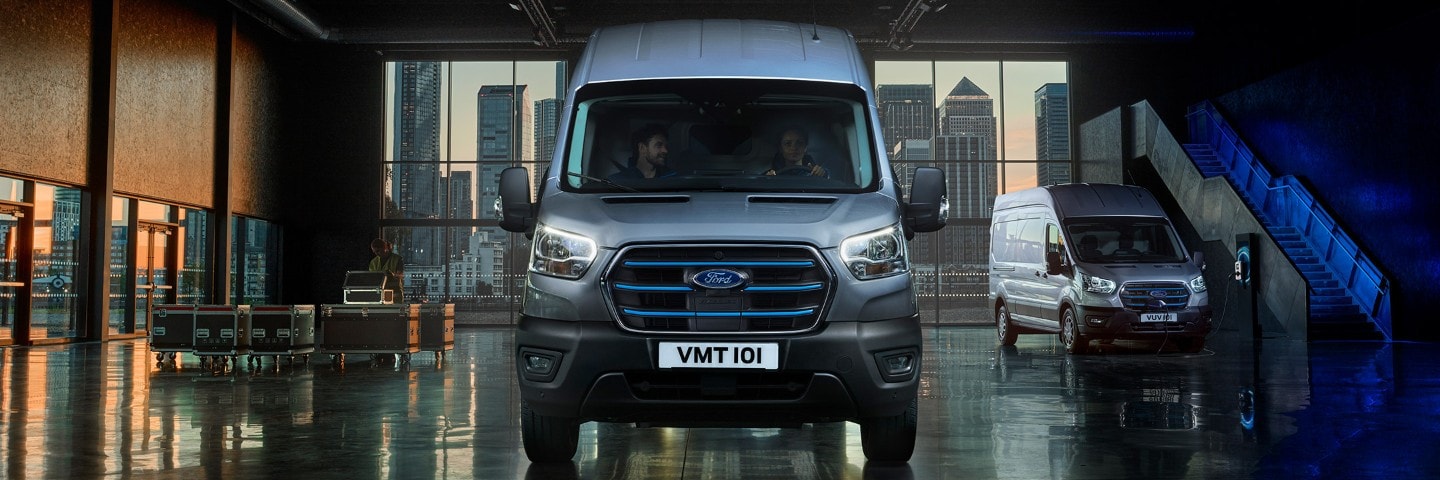 Ford E-Transit front view in warehouse